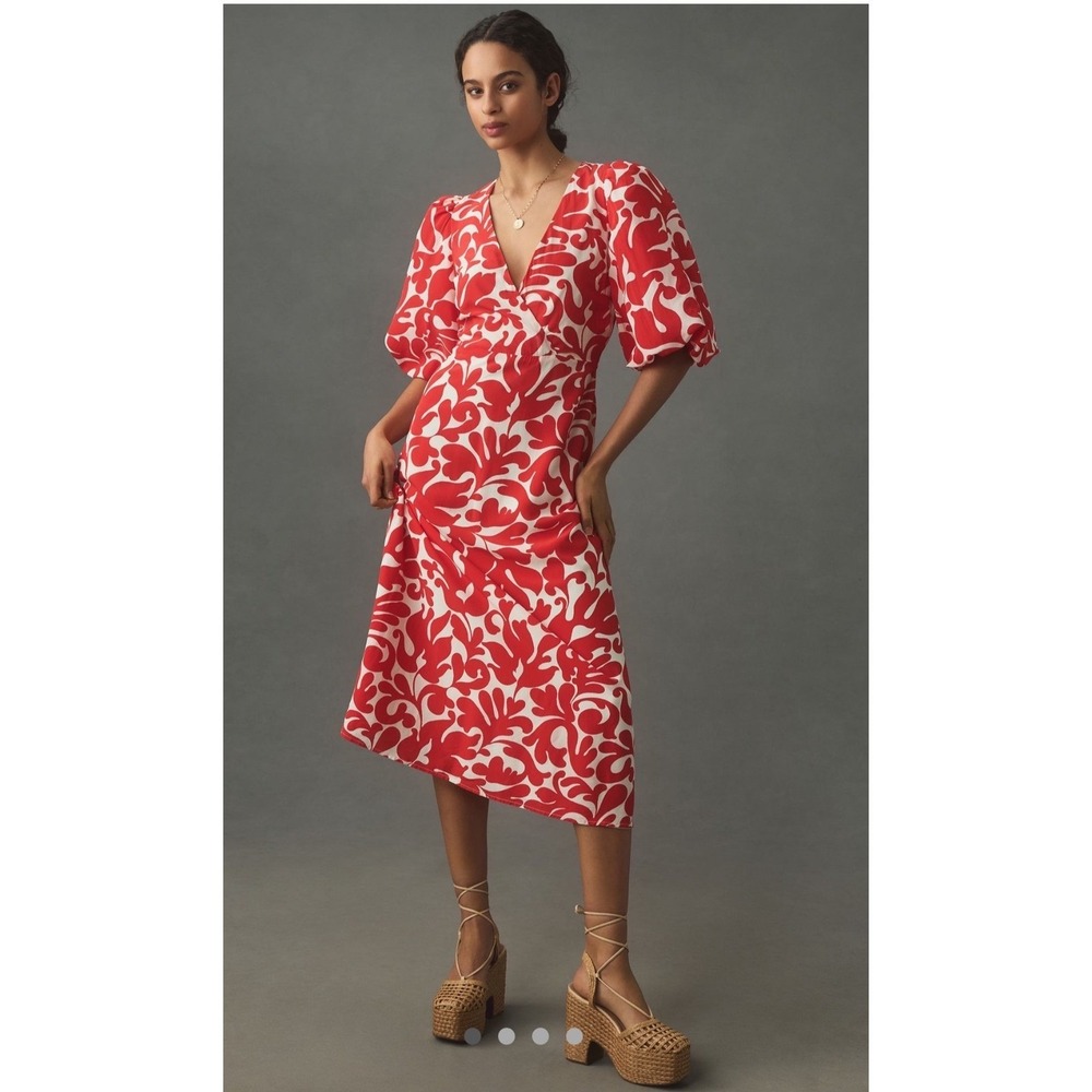 Anthropologie x Rhode Ina Midi Dress Red White Filigree Puff Sleeve Resort NWT